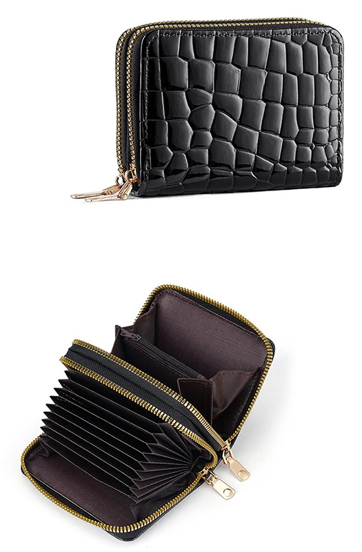 ZeAiLi Totenkopf Schwarze Rose Katzen-Kartenbörse Sichere Doppel-Reißverschluss-Clutch PU-Leder Geldbörse mit Kartenfächern Cartoon Aufbewahrungskartentasche – Detail 3