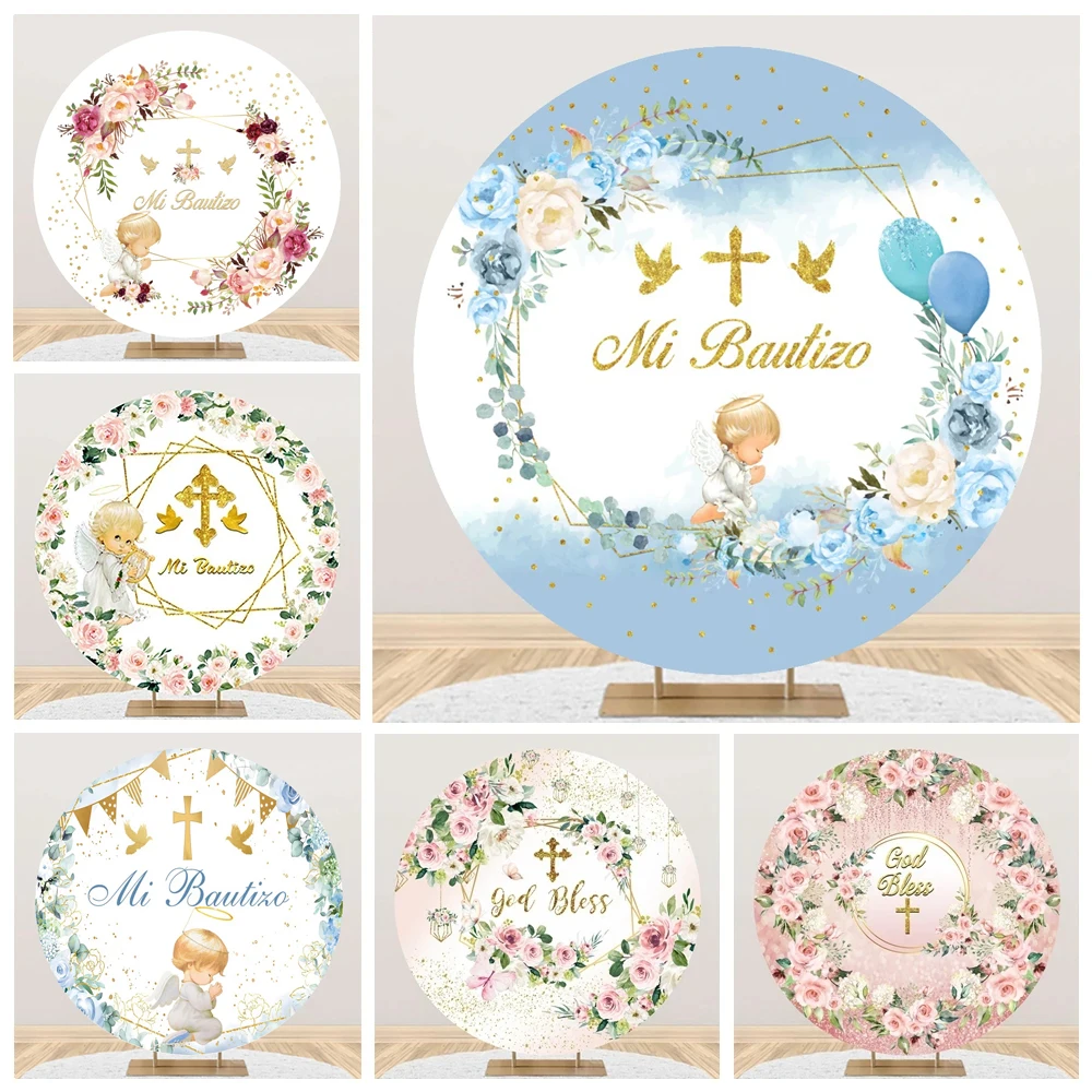 

Boy Girl First Holy Communion Round Backdrop Cover Mi Bautizo Cross God Bless Baby Shower Circle Background Photography Props