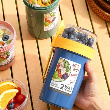 Tasse à salade d'avoine de 790ml/990ml, Double tasse pour petit déjeuner, céréales, noix, yaourt, ensemble de récipients avec support pour pansement, fourchette, préparation des repas 1
