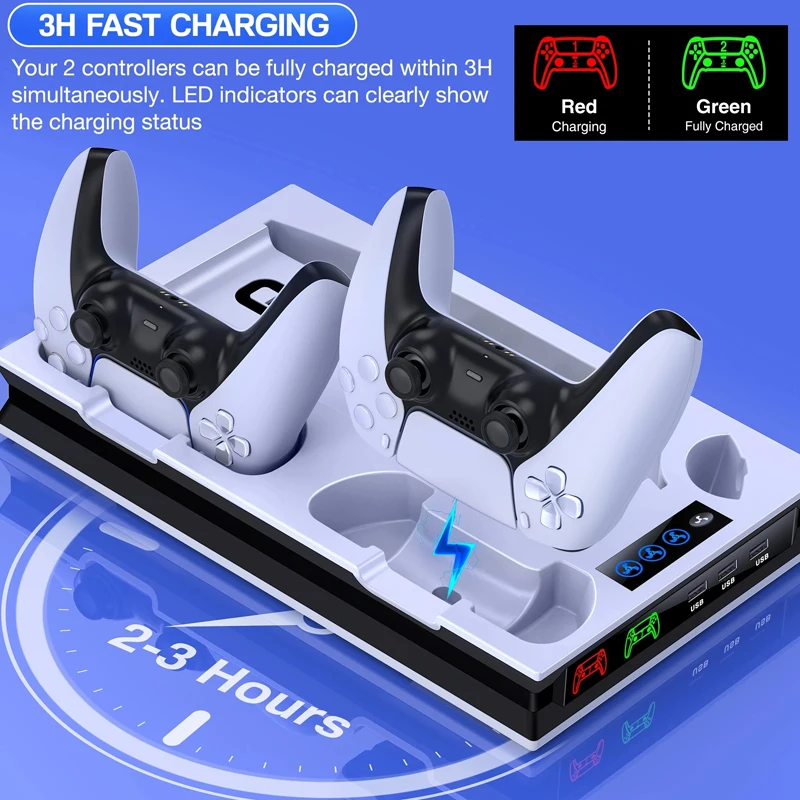 수직 스탠드 지지대 제어 PS5 쿨링 독, 플레이스테이션 5 디스크 및 디지털용 듀얼 게임 컨트롤러 충전기 포함, PS5 액세서리