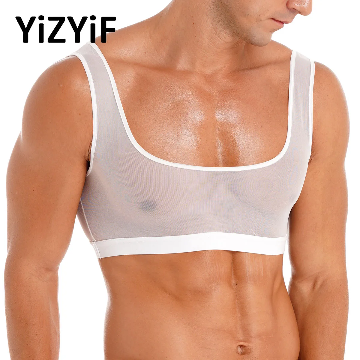 Mens See Through Mesh Racer Back Muscle Tank Top Workout Gym Sport Crop Top Shirt Fitness Vest Clubwear Nightclub Stage Costume велотренажер cпин байк evo fitness racer