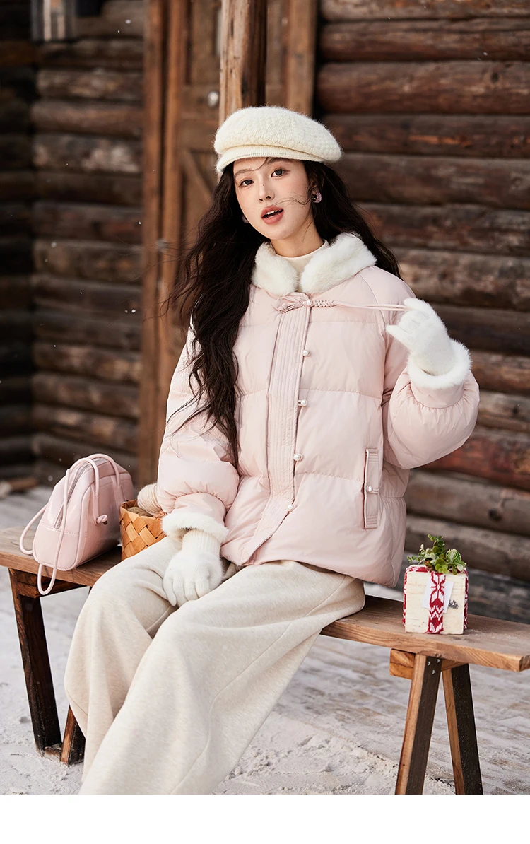 MISHOW Fur Collar Thick Women's Winter Down Jacket Spliced Pearl Single Breasted Pocket Duck Down Coats Office Lady MXD59Y0060
