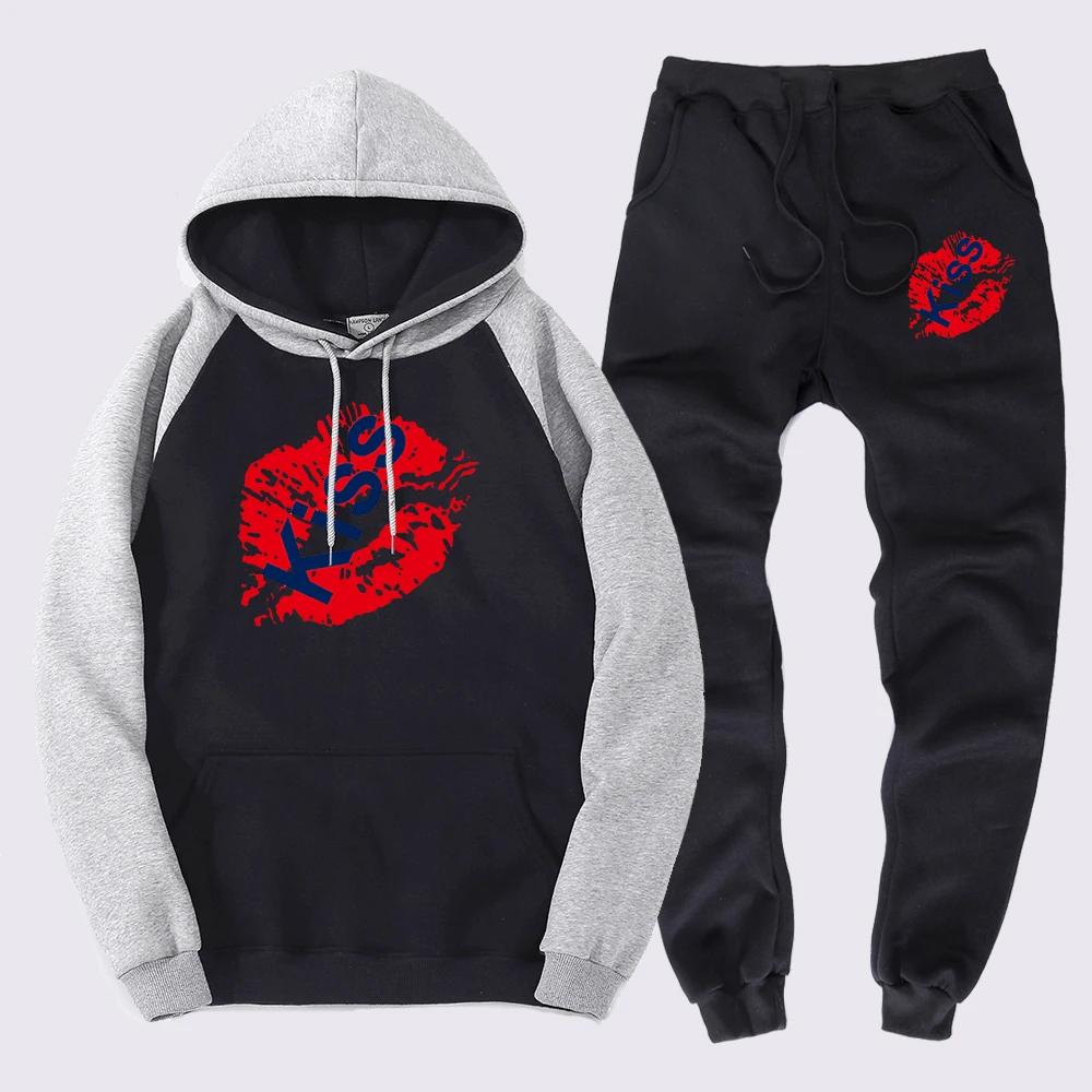 

Sexy Red Lips Kissprint Men Hooded Simple Shoulder Drop Sweatshirt Simple Hooded Sportswear Personality Oversize Pullover Suits