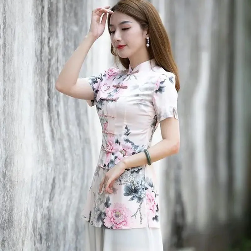 Cheongsam Womens Long Tang Costume Tops Summer Cotton Blend Prints Short Sleeve Tradition Chinese Style Retro Qipao Shirts