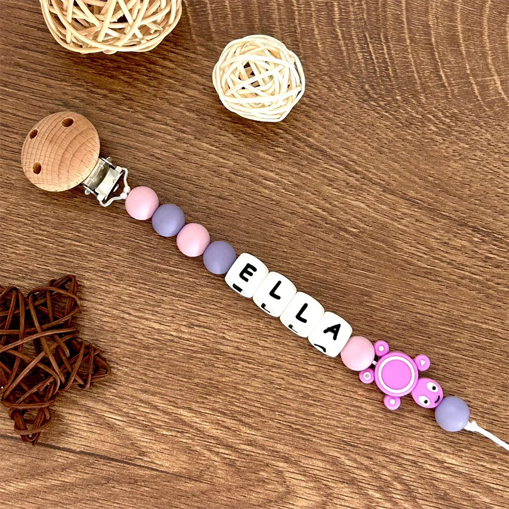 Personalized Name Pacifier Chain with Colorful Beads, Animal Charms & Wooden Clips