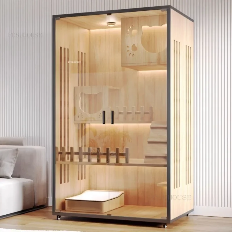 Solid Wood Cat Villa Cat Cages Home Indoor Comfortable Pet Litter House Large Free Space House Solid Wood Cabinet Pet Cage L