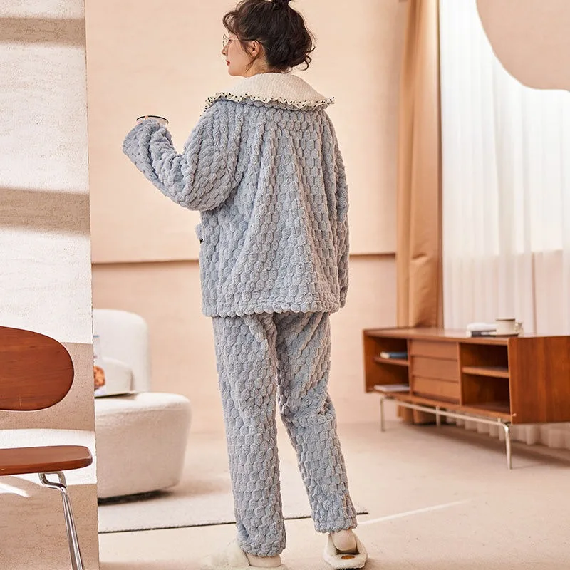 2024 New Coral Fleece Pajamas Women Autumn Winter Nightgown Thickened Warm Sleepwear Simple Girls Polo Collar Home Clothing Set