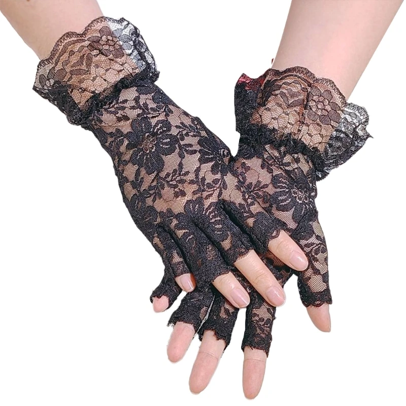 

Transparent Fashion Floral Decor Gloves Elastic Wedding Bridal Etiquette Half Finger Gloves See Through Fishnet Dropship