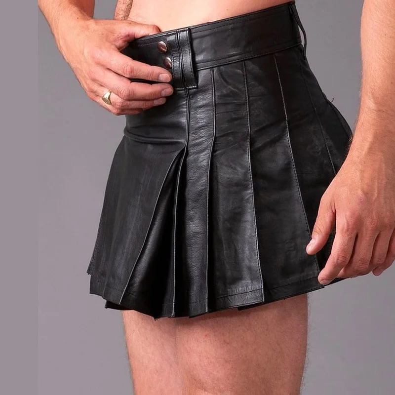 Men Sexy Stylish Skirt Faux Leather Pleated High Waist Mini Skirt Side Buckles