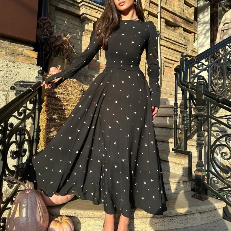 

Fashion O Neck High Waist A-Line Party Dress Autumn Pattern Print Long Sleeve Dress New Women Commute Lace-up French Style Dress