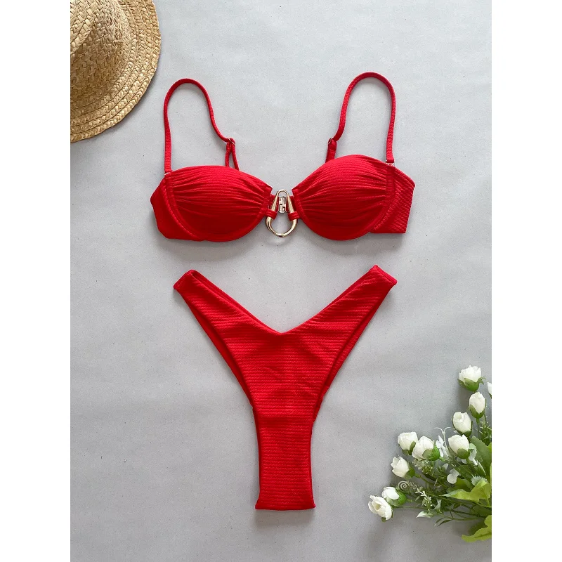 2024NewbikiniHigh Waist Bikini Solid Color Sexy Split Women's Swimsuit Swimsuit