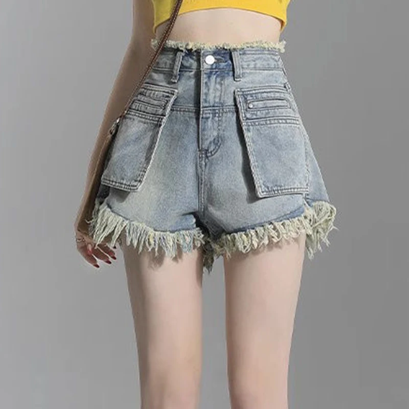 Tassel Large Pocket Denim Shorts Women's 2023 Summer New French High Waist Loose A-line Hot Pants