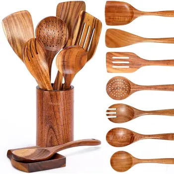 9 Piece Natural Teak Wooden Kitchen Utensil Set with Spoon Rest - Comort Grip Cooking Spoons and Utensils Holder 1