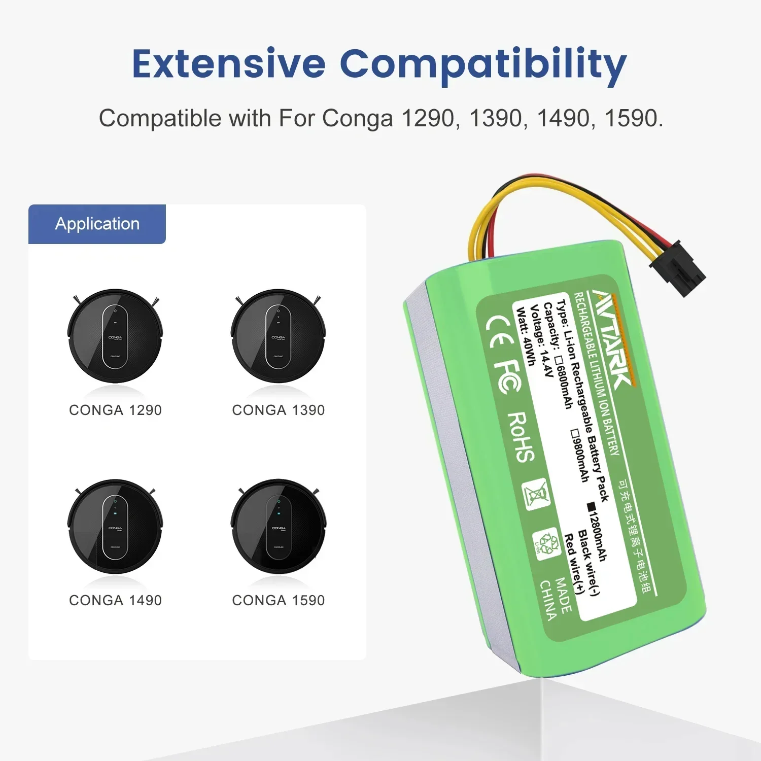 

14.4V 6800mAh Li-lon Battery For Compatible with Conga for Cecotec Conga 1290 1390 1490 1590 vacuum cleaner Replacement battery