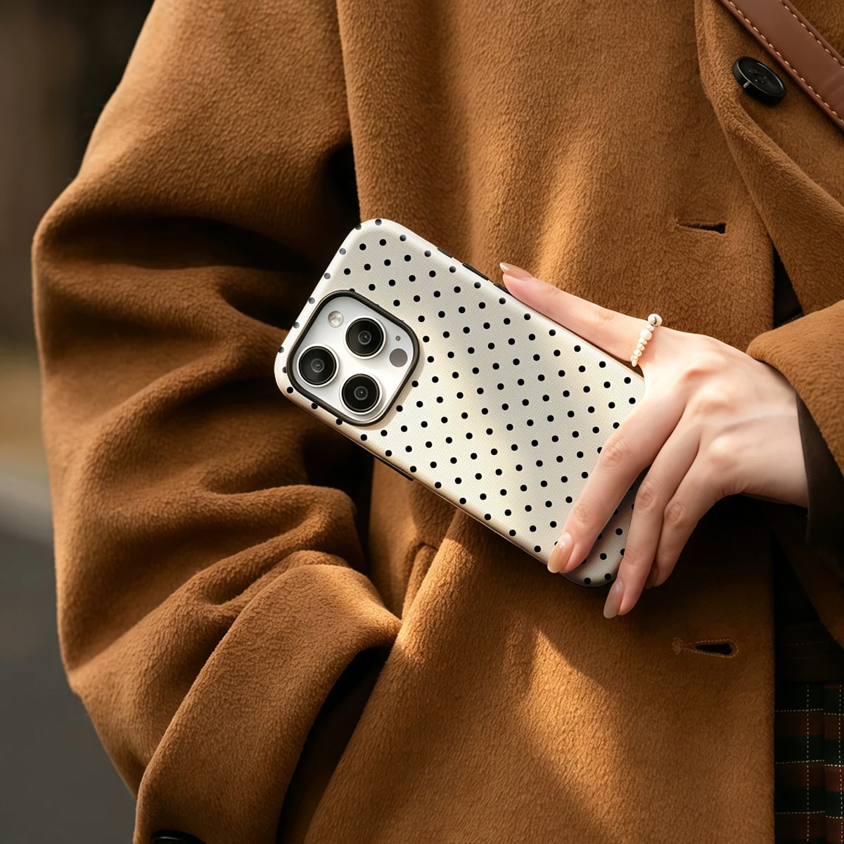 Korean Film-Inspired Polka Dot Cream and Black Hard Phone Case