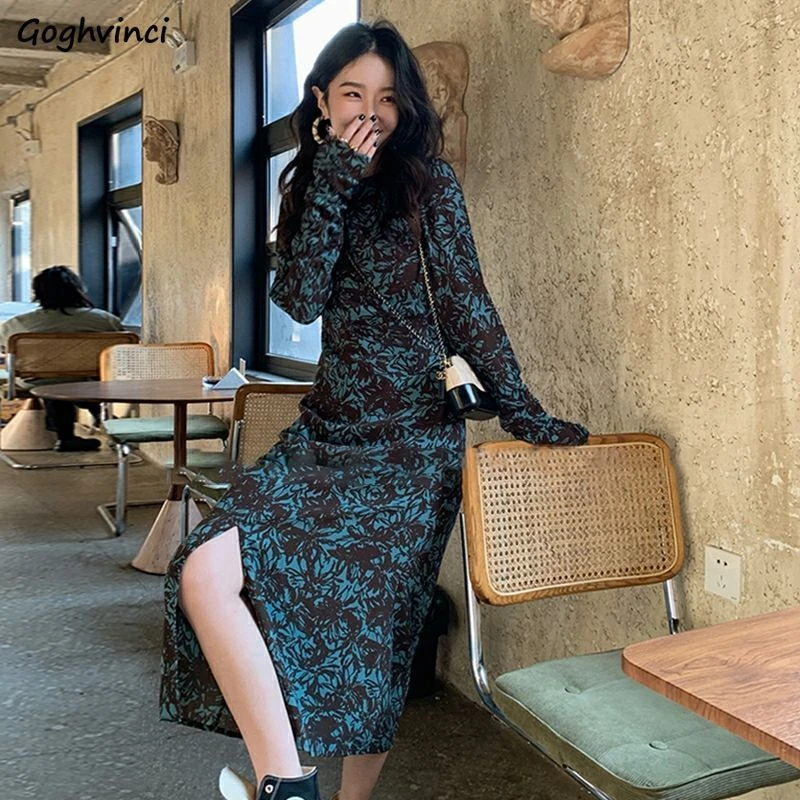 Long Sleeve Dress Women Elegant Midi Floral Tender French Style Night Party Retro Boho Vestidos Classic Ulzzang Hole Slit Y2k mother of the bride dresses