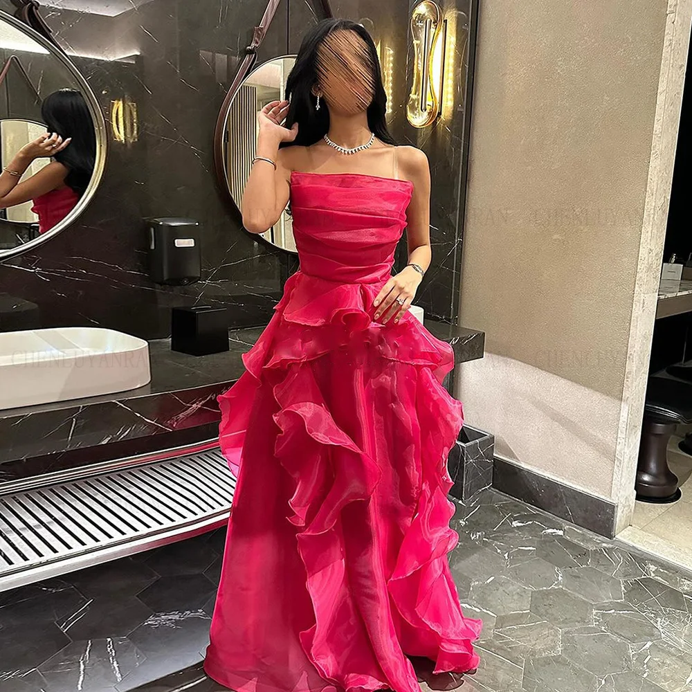 

Organza Red Formal Occasion Dresses 2024 Strapless A-line Long Ball Gown Pleat Tiered Sexy Evening Party Gown فساتين الحفلات