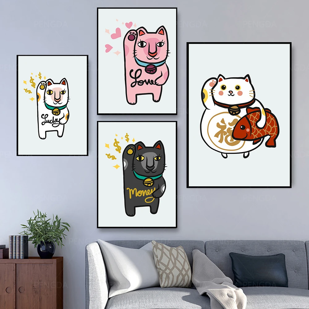 White Fat Lucky Cat Poster and Print Maneki Neko Cartoon Canvas Painting Fun Kids Room Home Decor Wall Pictures No Framed |