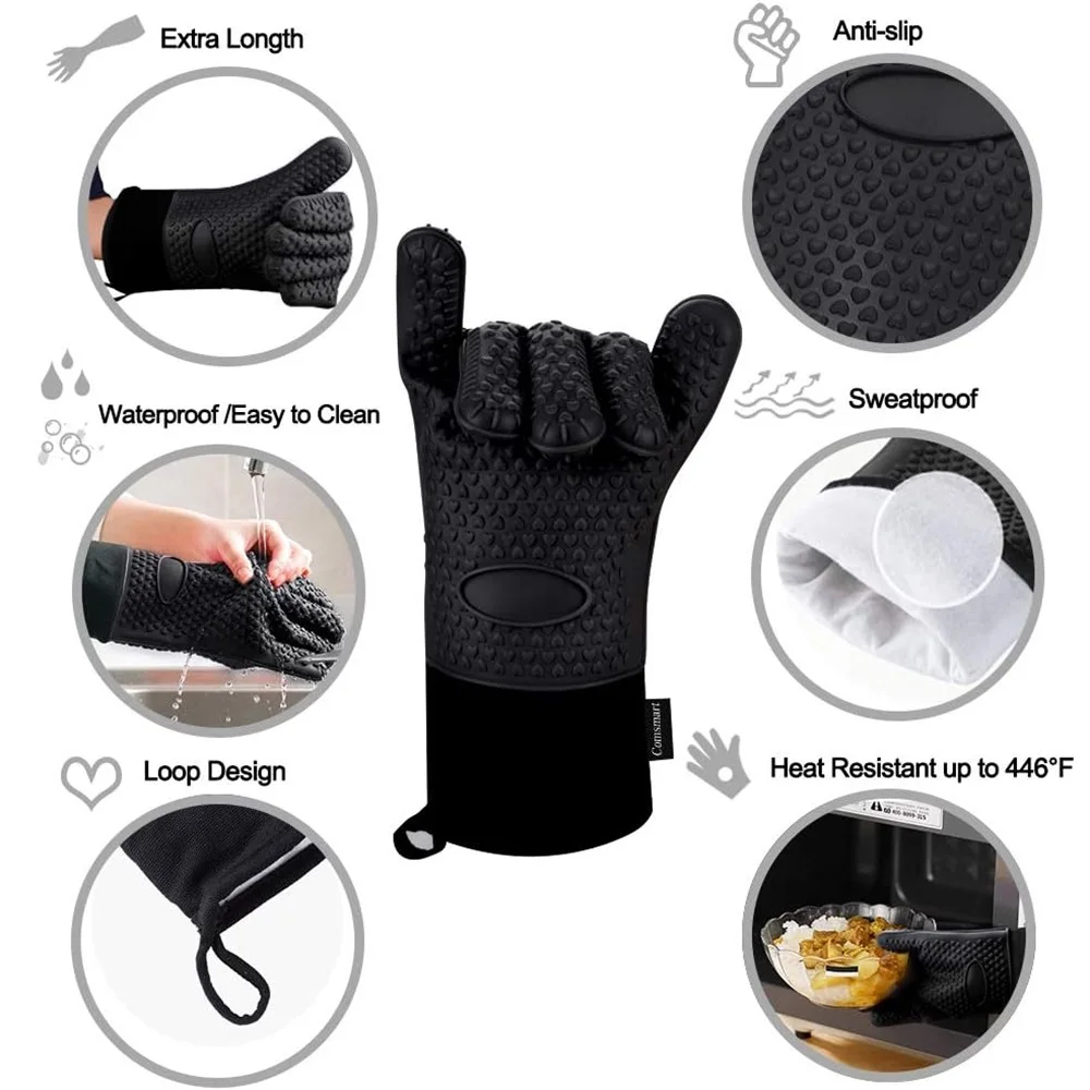 Long Thick Silicone Gloves Heat-resistant Non-slip Microwave Oven Mitts Kitchen BBQ Baking Cooking Canvas Stitching Oven Gloves silicone oven mitts kitchen gloves silicone oven gloves