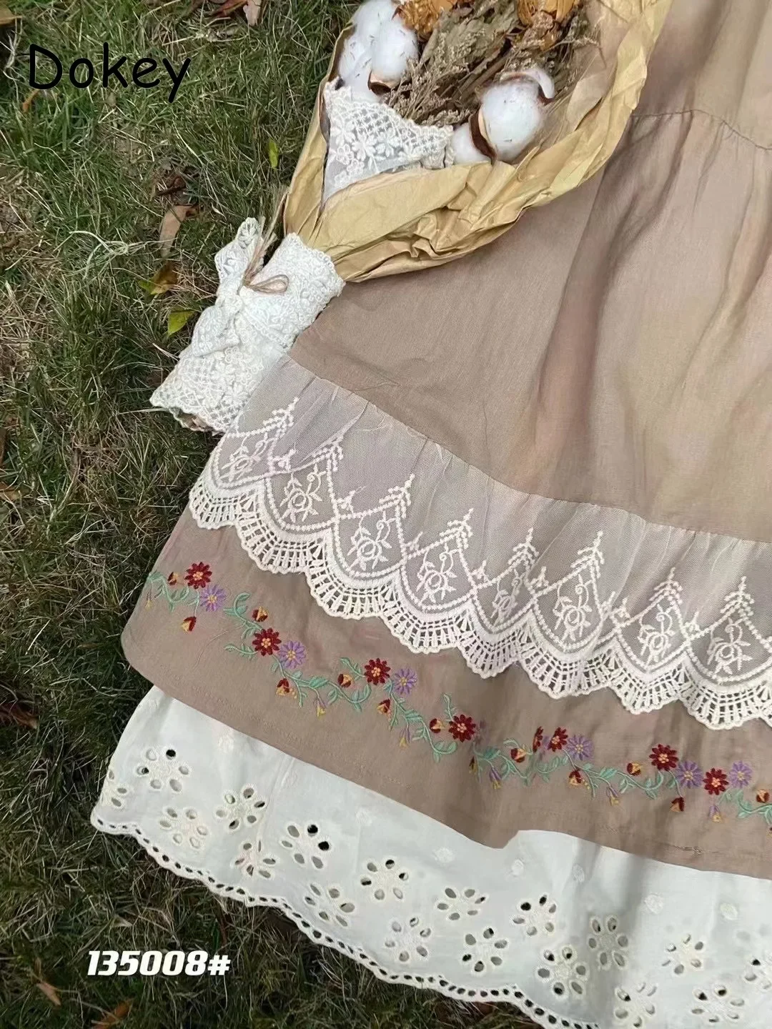 Japanese Lolita Style Cotton Linen Skirt Women Vintage Embroidery Lace Ruffled Kawaii Midi Pleated Skirt New Casual A-line Skirt