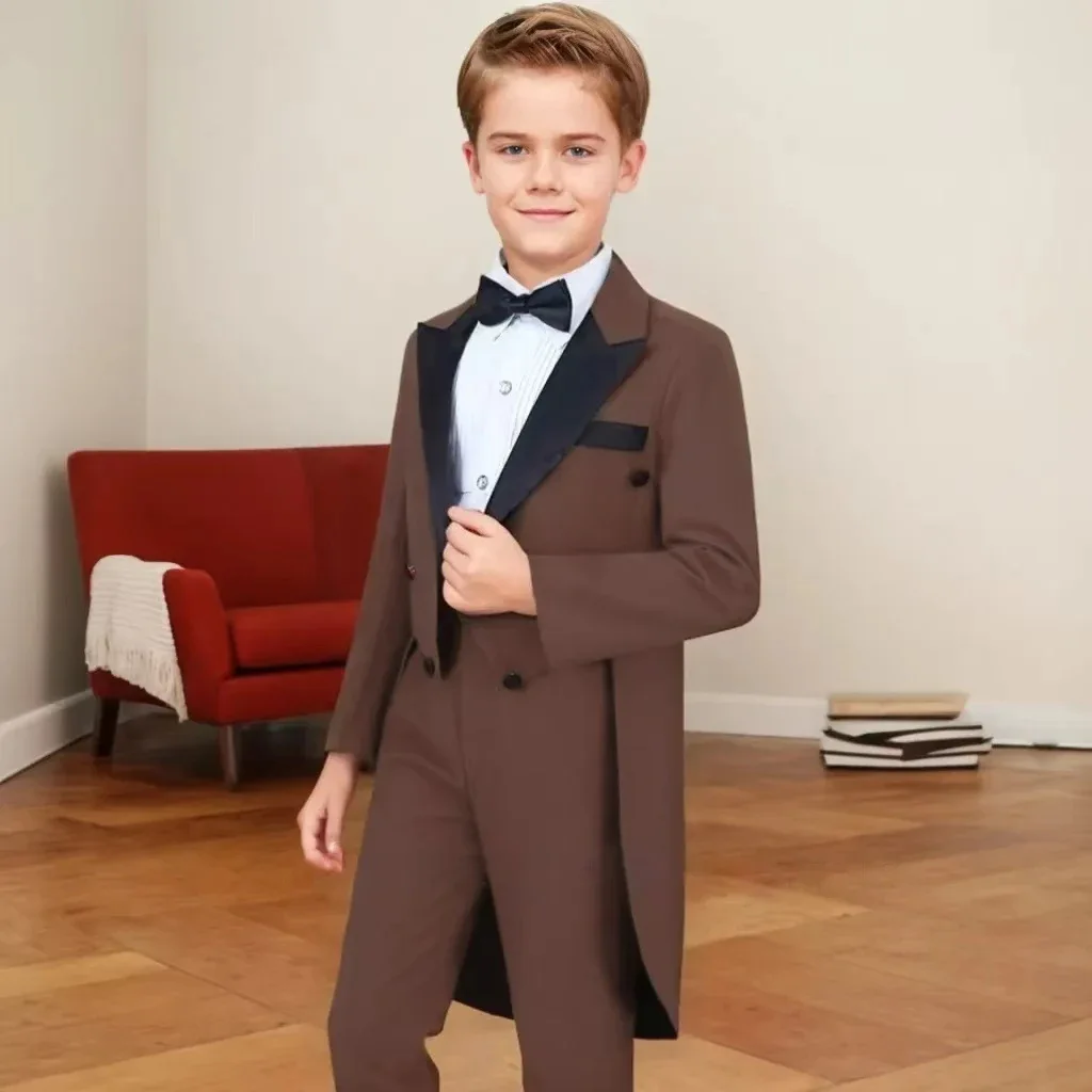 Solid 2-Piece Boys Tailcoat Suit with Peak Lapel Long Jacket And Pants Set for Formal Party Wedding Kids' Tuxedo