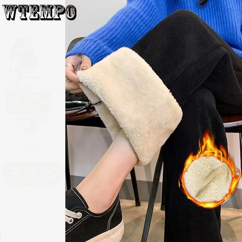 

Lamb Plush Wide Leg Pants Plush Thick Warm Women's Straight Trousers Elstic Waist Simple Loose Casual Commuting Autumn Winter