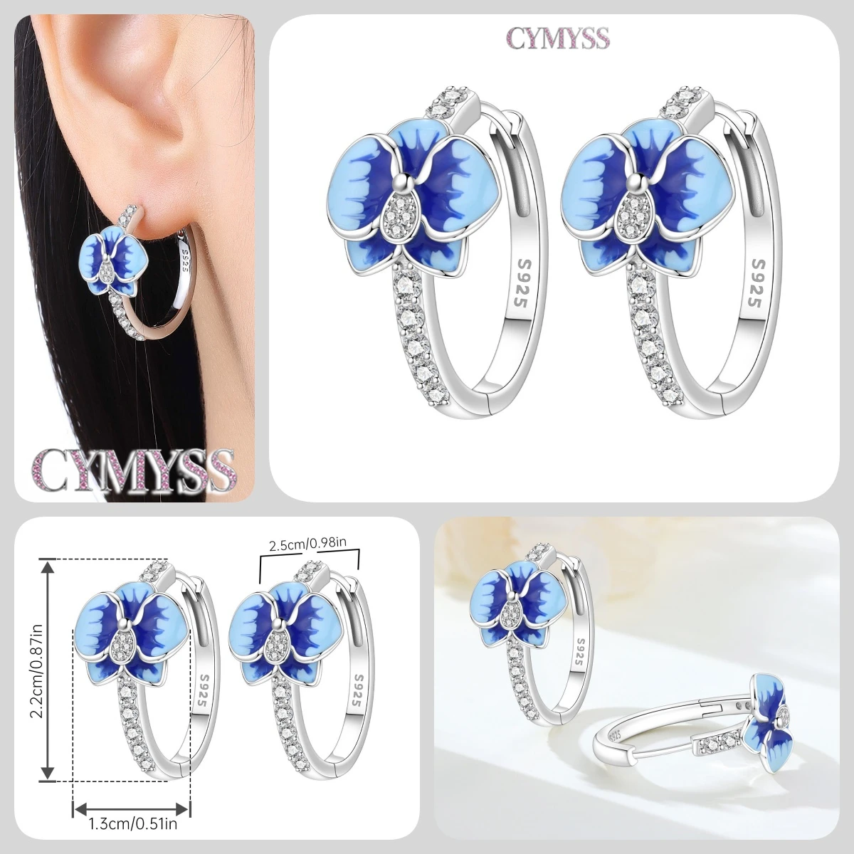 Heißer Verkauf 2026 Original 925 Sterling Silber Türkis Zirkon Blaue Blumen Ohrringe Schmuck Creolen Damen Party Trendige Geschenke – Detail 31