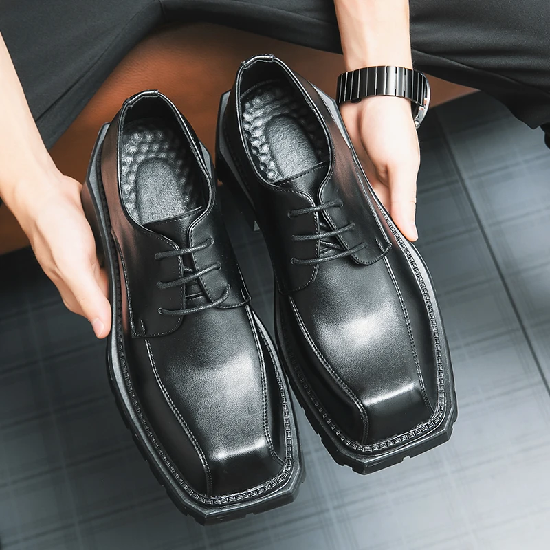 Men Classic Derby Shoes Lacquer Leather Black High Grade Fashion Lace up Business Dress Shoes Square Headed European Party Shoes