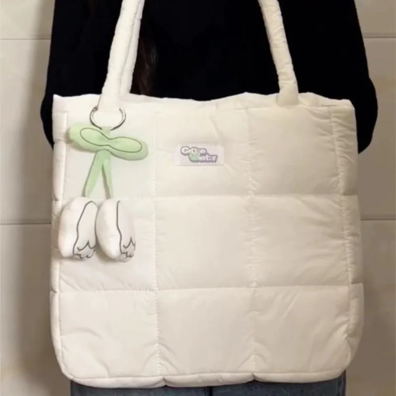 JIAERDI Sweet Cute Puffed Check Pattern Handbag Women New Large Capacity Tote Bag Ladies Nylon Cotton Filled Casual Underarm Bag