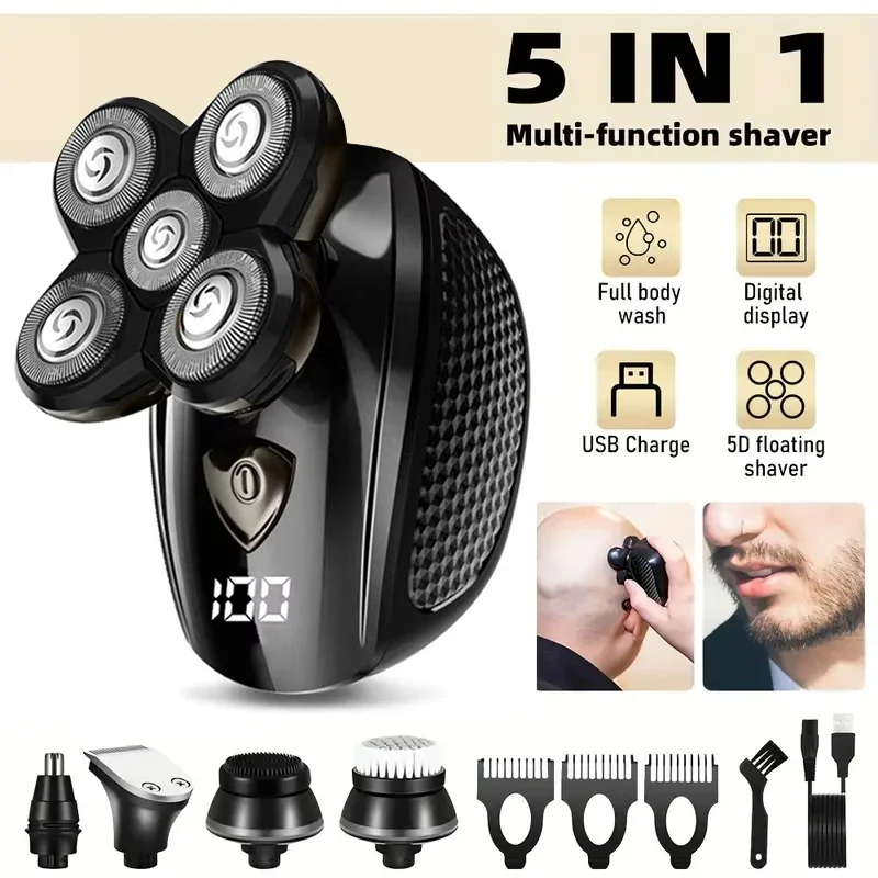 5-in-1 Electric Razor IPX7 Waterproof for Bald Men Wet/Dry LED Display Rechargeable 5D Rotary Shaver Grooming Kit Head Shavers electric shaver