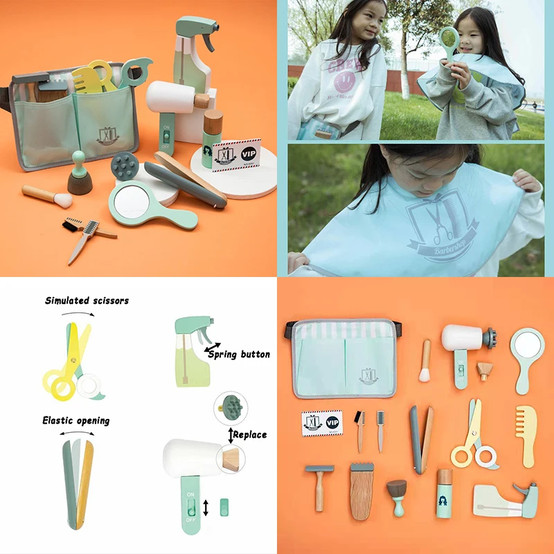 Wooden Makeup Haircut Toy Beauty Fashion Salon Playset Games Combs Hair Dryer Pretend Play House Barber Makeup Kit for Kids