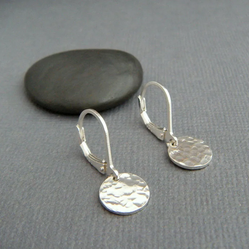 Tiny Sterling Silver Dangles Hammered Circle Earrings