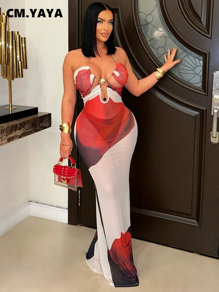 CM.YAYA Women Floral Printed Halter Sleeveless Mesh See Through