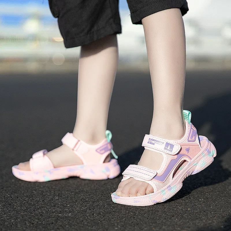 Girls' Sandals 2024 New Summer Boys Soft Soled Students Medium and Large Children Casual Double Row Velcro Beach Shoes
