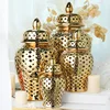 Pierced Gold Ceramic Vase Ginger Jar with Lid Hollow Out Storage Jar Bud Vase Carved Lattice Temple Jar for Room Home Decorative 2