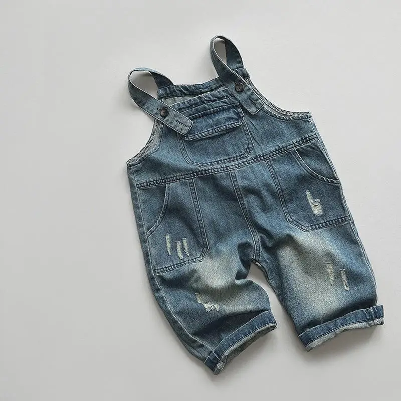 

2024 Spring New Kids Girls Denim Overalls Baby Boys Ripped Jeans Children Casual Bib Pants Infant Trousers Toddler Clothes