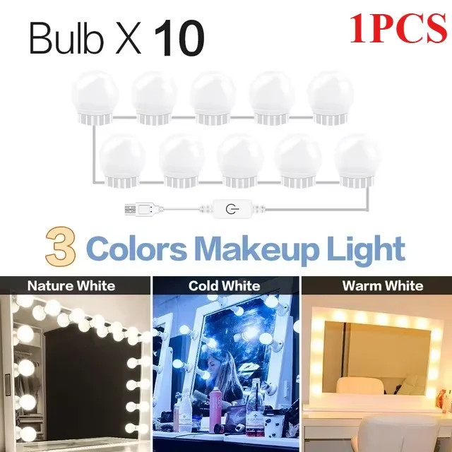 Tri-Color Dimming LED Makeup Mirror with Suction Cup and Bulb String