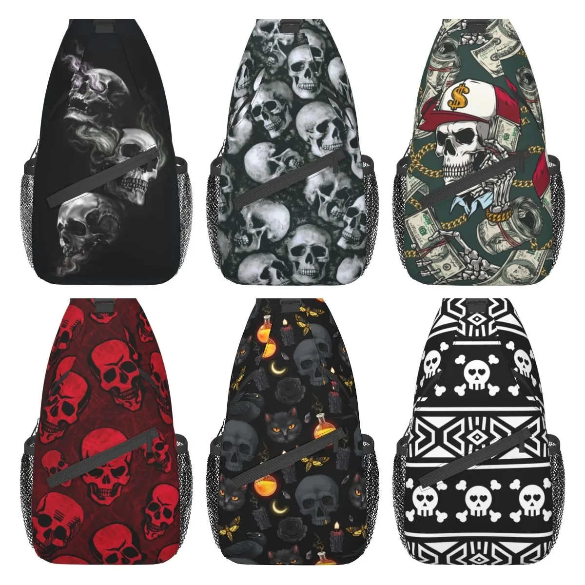 

Black Skull Shoulder Chest Casual Bags Crossbody Sling Backpack with Adjustable Strap Daypack for Men and Women Travel Hiking