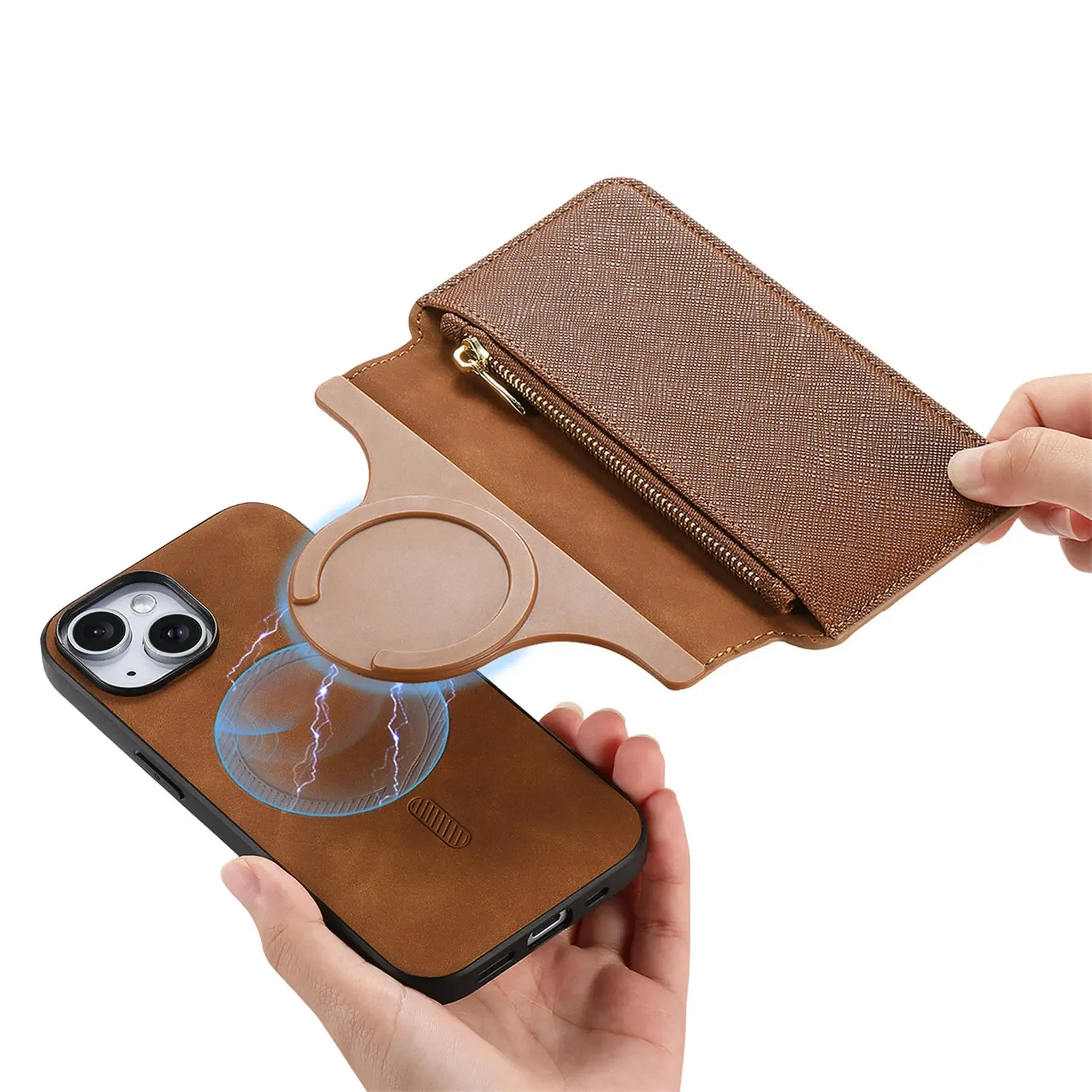 Husă portofel din piele 2 în 1 cu carduri magnetice, tip fermoar, pentru iPhone 16 Pro Max 15 Plus 14 13 12 11 XS, cu încărcare wireless_voghion.com