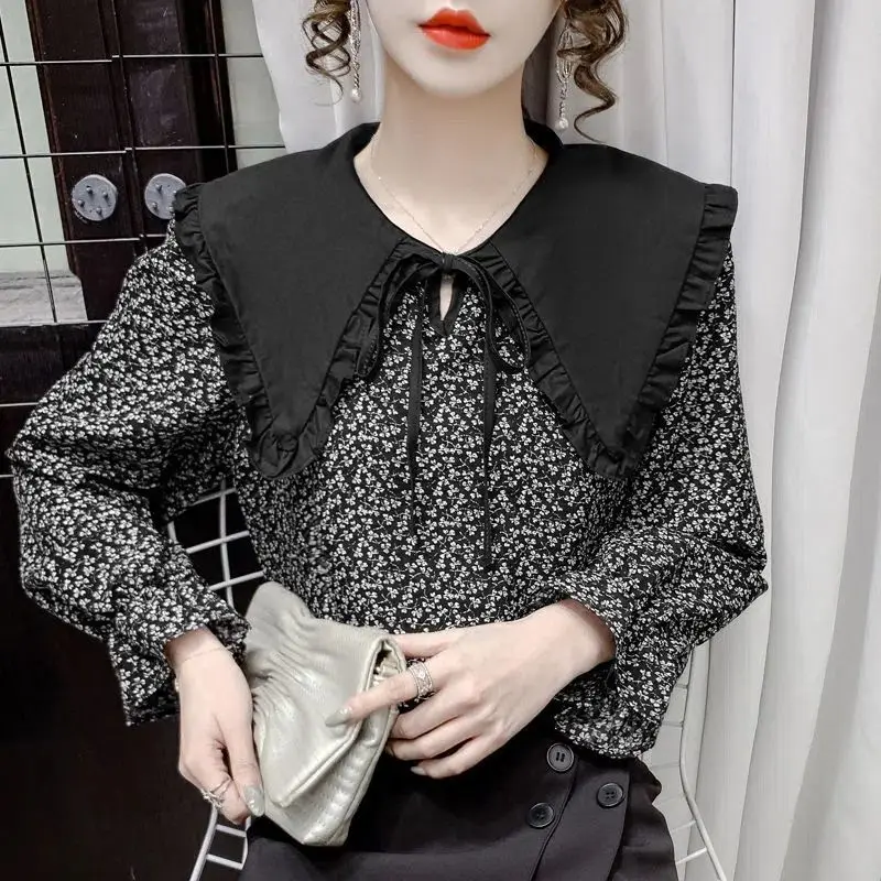Sweet Peter Pan Collar Spliced Floral Butterfly Sleeve Blouses Women's Clothing 2024 Spring New Loose Korean Tops Casual Shirts