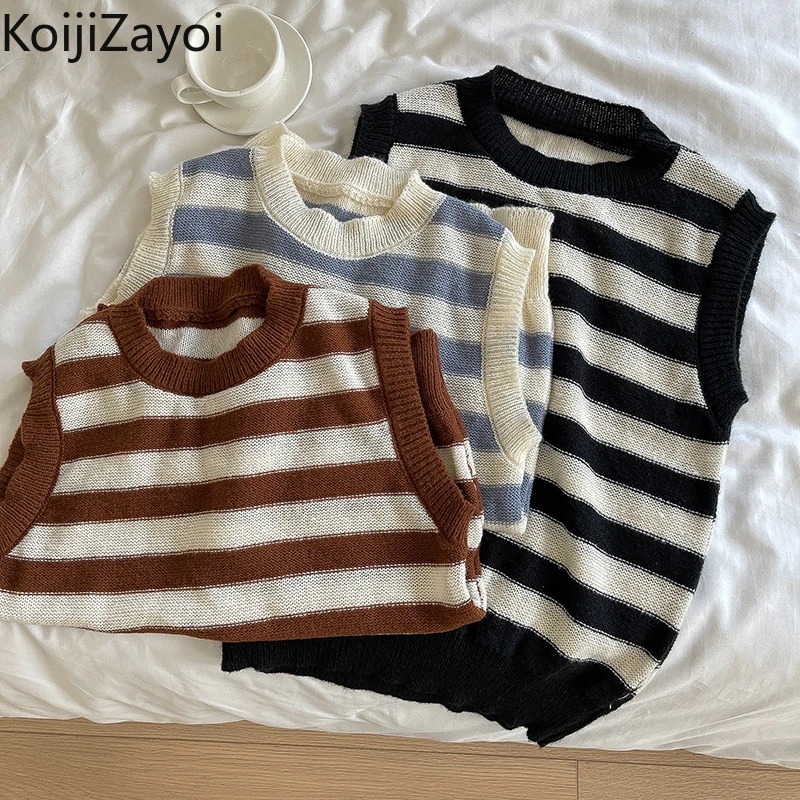

Koijizayoi Striped Women Sweater Vest Lady O Neck Sleeveless Knitted Camisole Spring Autumn 2022 Casual Loose Tanks Retro