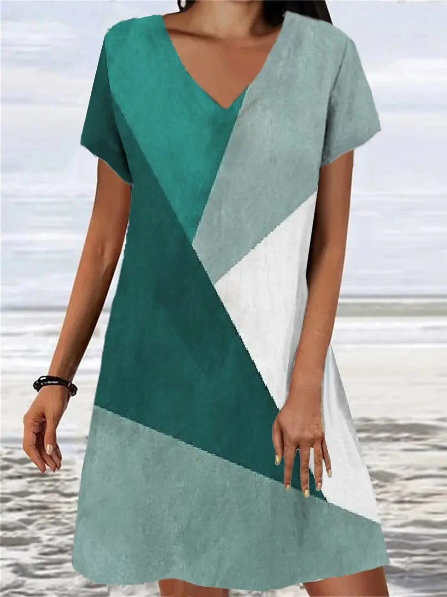 

Новые женские платья, топы с геометрическим рисунком и коротким рукавом, Повседневная модная юбка-трапеция, летние женские платья для отпуска