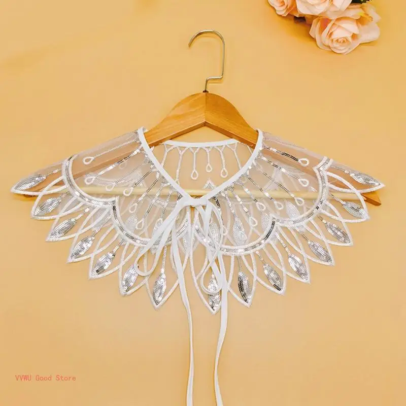 

Women Mesh Feather Detachable Collar Shawl Shiny Sequins Lace-Up Capelet