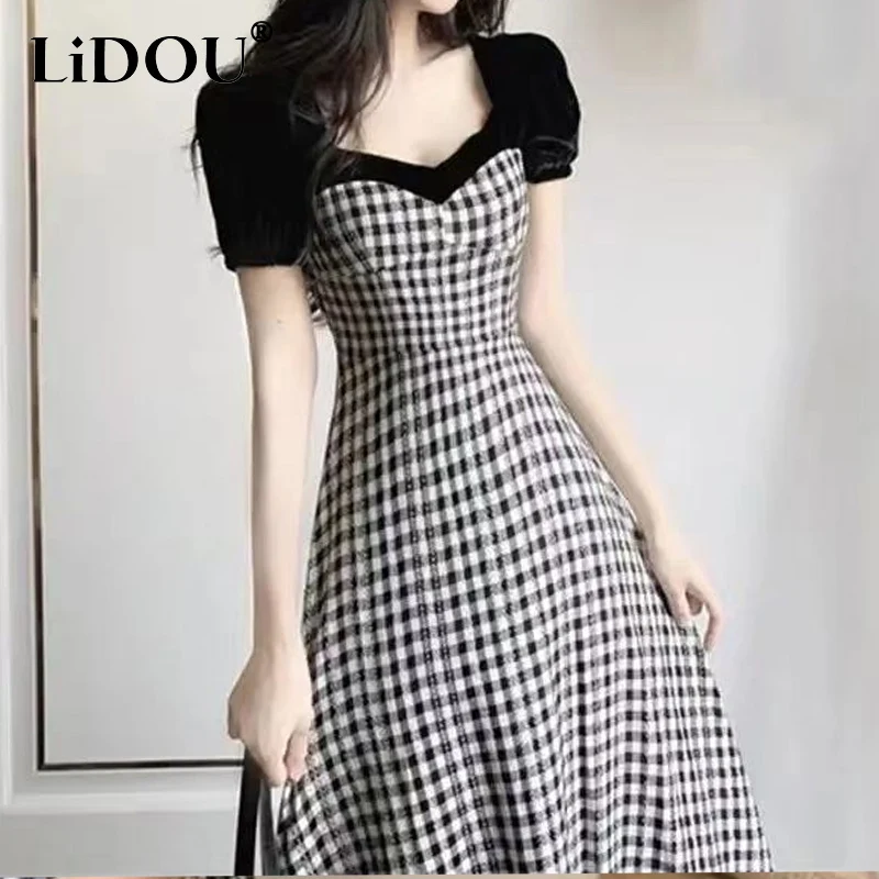 

2023 Summer New Square Neck Puff Sleeve Waist Retraction Midi Dress Women Fashion Casual Sweet Fake Two Pieces Vintage Dresses