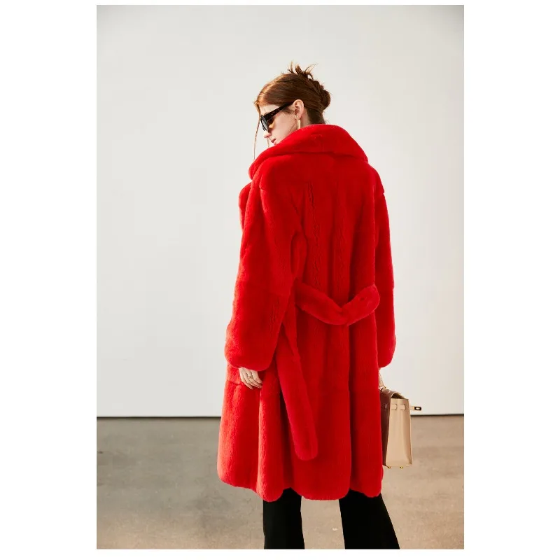 Winter New Faux Fur Coat Women Warm Long Fur Coats Fluffy Suit Collar Lace-up Chic Robe Solid Cardigan Jackets Long Sleeve