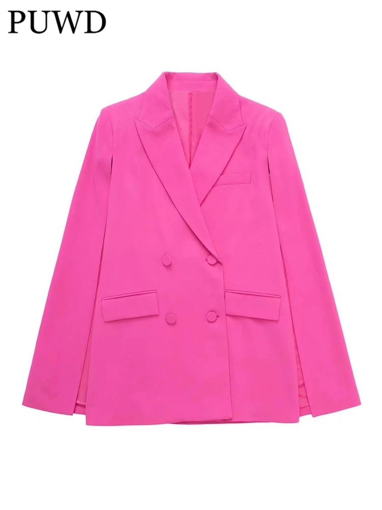 PUWD Women Pink V Neck Straight Pocket Cape Blazer 2022 Spring Fashion Ladies High Street Casual Blazer Female Solid Color Suit blue pant suit