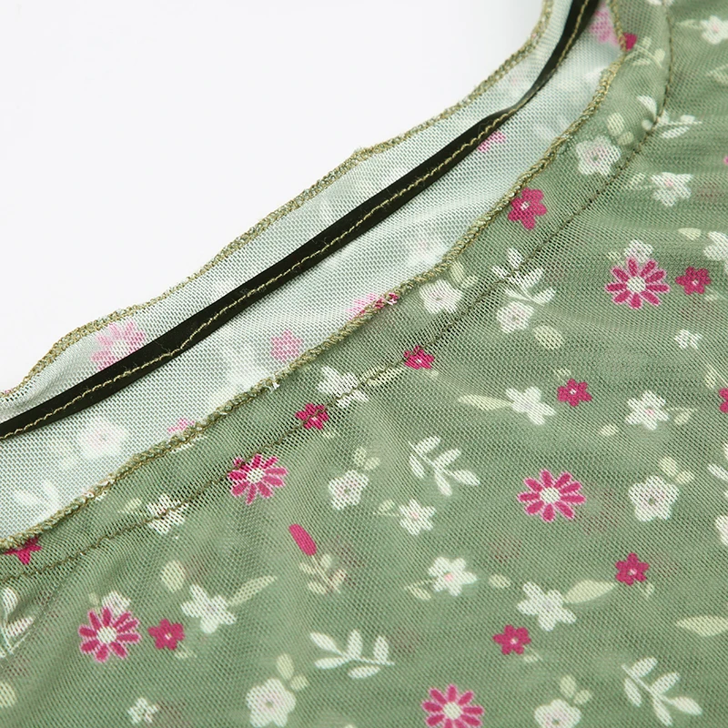 Camiseta sin mangas de malla transparente con estampado floral para mujer, camiseta de verano ajustada Y2K con cuello cuadrado vintage, camiseta sexy de moda