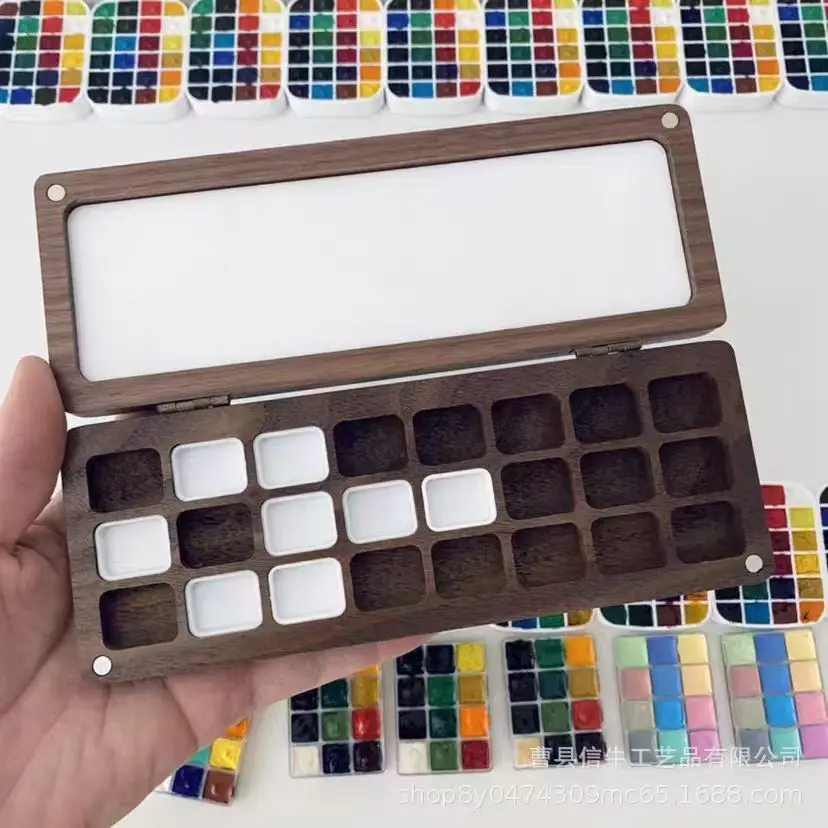 Empty Watercolor Palette Travel Portable 24Grid Walnut Paint Box Watercolor Storage Artist Painting Art Supplies