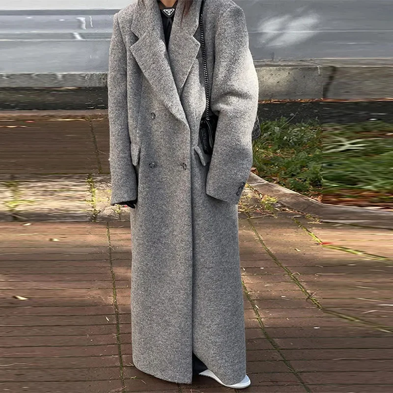 Fashion Woolen Long Coat Women Autumn Full Sleeve Button Fake Pocket Split Yellow Overcoat Elegant Oversize New in Outwear