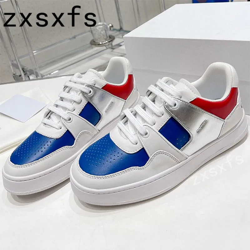 

2022 Autumn New Patchwork Leather Flats Shoes Women Lace Up Round Toe Shoes Brand Designer Casual Sneakers Shoes